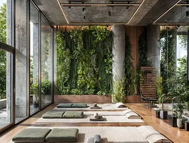 Salle de yoga végétalisée : Espace yoga – ambiance apaisante et lumineuse pour la relaxation et la respiration.