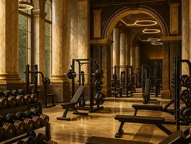 Salle de musculation haut de gamme – équipements professionnels et design inspiré de la Grèce antique.